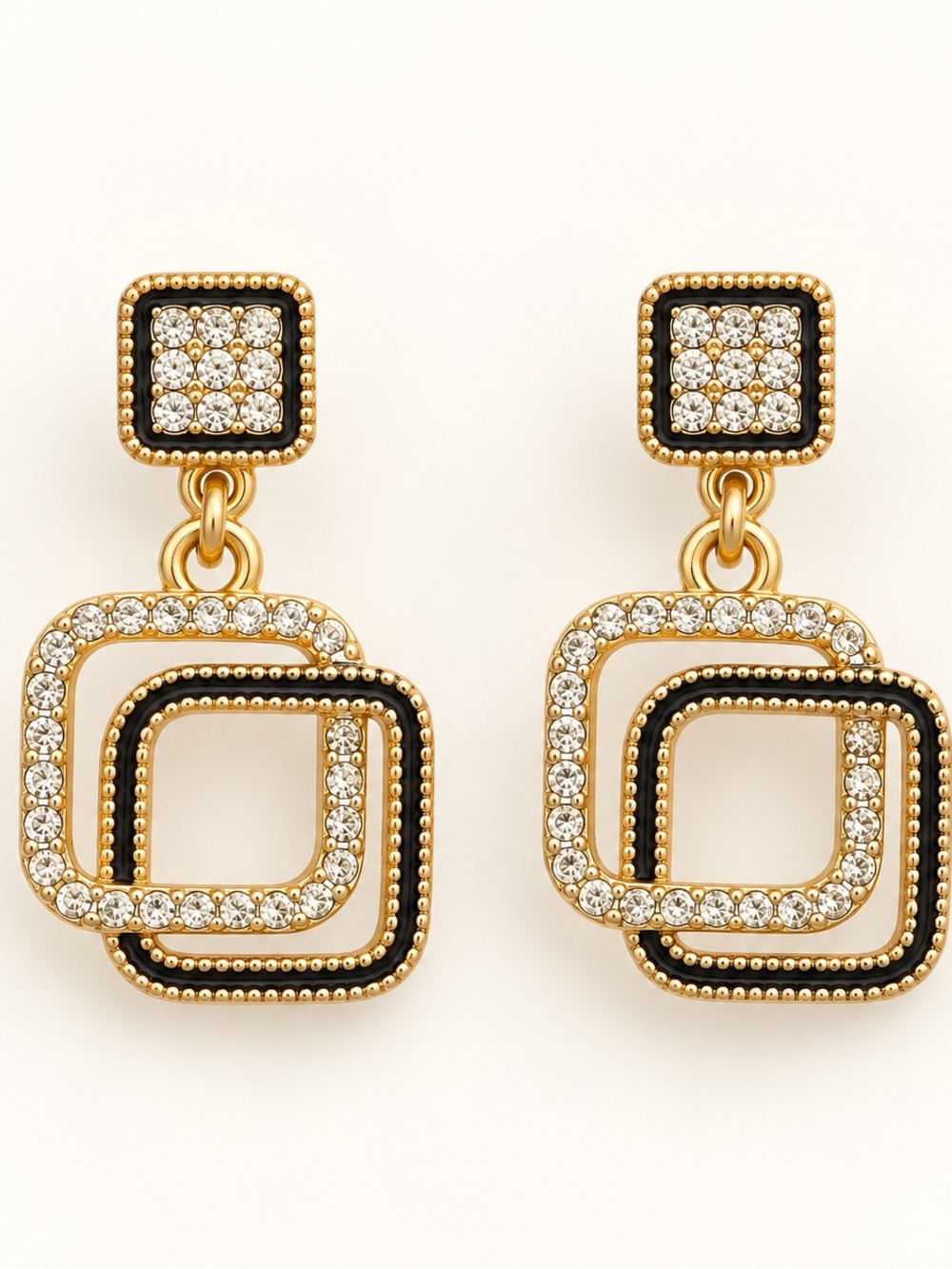 Gold Tone Black & Crystal Double Square Drop Earrings
